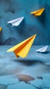 Symbolic flight side view of yellow paper airplane in front