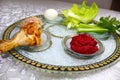 Symbolic foods for Passover Pesach. Passover Seder plate Israel, Hebrew: Passover bowl. Jewish Passover Royalty Free Stock Photo