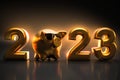 2023 symbolic Golden Piggy Bank and golden digits like symbol huge wealth save money - congratulation to happy new year christmas