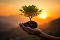 Symbolic Hand holding little tree. Generate Ai