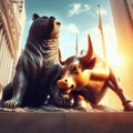 Powerful statue of the bear and bull metaphor for financial institutions in sunlight