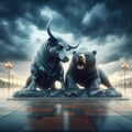 Powerful statue of the bear and bull metaphor for financial institutions in torrential rain