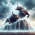 Powerful statue of the bear and bull metaphor for financial institutions in torrential rain