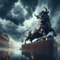 Powerful statue of the bull metaphor for financial institutions in torrential rain