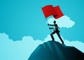 Symbolic illustration of a businessman standing atop a mountain raising a red flag