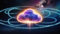 symbolic image of bright glowing cloud surrounded by swirling binary code, representing data and technology in cosmic setting Royalty Free Stock Photo