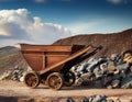 A symbolic image of an empty mining cart beside a heap of unmined rock, highlighting the potential of untouched natural resources