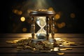 A symbolic image of an hourglass resting on a stack of shimmering gold coins, representing the intersection between time and
