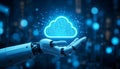 A symbolic image of a robotic hand gently cradling a glowing cloud symbol, representing the seamless integration of cloud Royalty Free Stock Photo