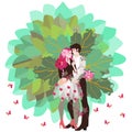 The symbolic image of the tree of life with the trunk in the form of a hugging young happy couple and pink butterflies