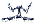 Tree, curved asphalt and road, ink illustration.