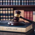 Symbolic legal concept depicted with gavel, book on desk, scholarly environment.