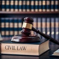 Symbolic legal concept depicted with gavel, book on desk, scholarly environment.