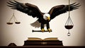 Symbolic Legal Justice. Depiction of Court System with Eagle, Scales, and Law Books Royalty Free Stock Photo