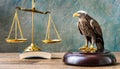 Symbolic Legal Justice. Depiction of Court System with Eagle, Scales, and Law Books