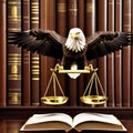 Symbolic Legal Justice. Depiction of Court System with Eagle, Scales, and Law Books