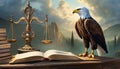 Symbolic Legal Justice. Depiction of Court System with Eagle, Scales, and Law Books Royalty Free Stock Photo