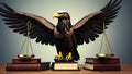 Symbolic Legal Justice. Depiction of Court System with Eagle, Scales, and Law Books Royalty Free Stock Photo