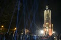 Symbolic light rays and candles near the Memorial to Holodomor victims during a commemoration ceremony in Kyiv, Ukraine