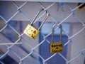 Symbolic love padlocks railings bridge Cincinnati