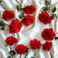 Symbolic love red roses on white satin with empty space