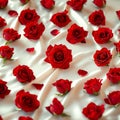 Symbolic love red roses on white satin with empty space