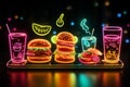 Symbolic neon food and drink icons shine in speech bubble, sparking appetite.