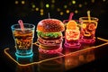 Symbolic neon food and drink icons shine in speech bubble, sparking appetite.