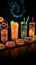 Symbolic neon food and drink icons shine in speech bubble, sparking appetite.