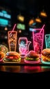 Symbolic neon food and drink icons shine in speech bubble, sparking appetite.