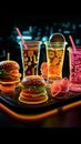 Symbolic neon food and drink icons shine in speech bubble, sparking appetite.