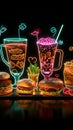 Symbolic neon food and drink icons shine in speech bubble, sparking appetite.