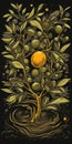 Symbolic Olive Metal Illustration With Orange Tree And Grapes