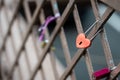 A symbolic padlock at the Brooklyn Bridge railing, New York, USA