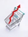 Symbolic Representation of Inflation, Rising Prices and the High Cost of Living. Red Rising Arrow in a Shopping Cart.