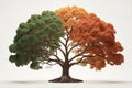Abstract tree transitioning from spring green leaves to the autumn orange, symbolizing the passage of time, aging, and the cycle Royalty Free Stock Photo