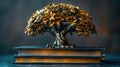 Symbolic Representation of the Tree of Knowledge, Composed of Books, Set Against a Stark Black Background