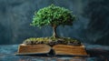 Symbolic Representation of the Tree of Knowledge, Composed of Books, Set Against a Stark Black Background