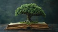 Symbolic Representation of the Tree of Knowledge, Composed of Books, Set Against a Stark Black Background