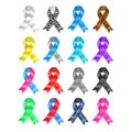 Symbolic ribbons - set of ribbons - prostate cancer Alzheimers Down syndrome breast cancer all cancers leukemia, vector Royalty Free Stock Photo