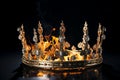 Symbolic royal crown burning medieval empire s rise and fall with kings, queens, knights Royalty Free Stock Photo