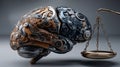 symbolic scale balancing AI brain with intricate circuitry, representing harmony between technology and ethics Royalty Free Stock Photo