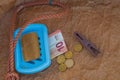 Symbolic scene, solid soap, gallows loop, euro coins, 10 euro banknote, clothespin. Hopeless, lack of earning opportunities, Royalty Free Stock Photo