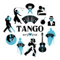 Symbolic silhouettes around the world of Tango. Dancers, gauchos, bandoneon, guitar Royalty Free Stock Photo