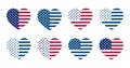 A set of hearts in the shape and colors of the US flag, as well as in classic blue.