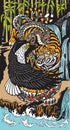 Symbolic tiger eagle and snake in a landscape