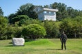 Symbolic Tree of 2018 inter-Korean summit and soldier at the border between north and south Korea in JSA in DMZ South Korea Royalty Free Stock Photo