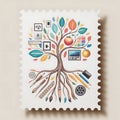 Symbolic tree of knowledge art stamp with diverse educational elements and roots Royalty Free Stock Photo