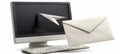 Symbolic white envelope with arrow pointing to computer screen representing email delivery