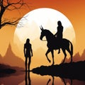 Symbolism Minimalism: Silhouettes Of Two People Riding A Horse In Digital Fantasy Style